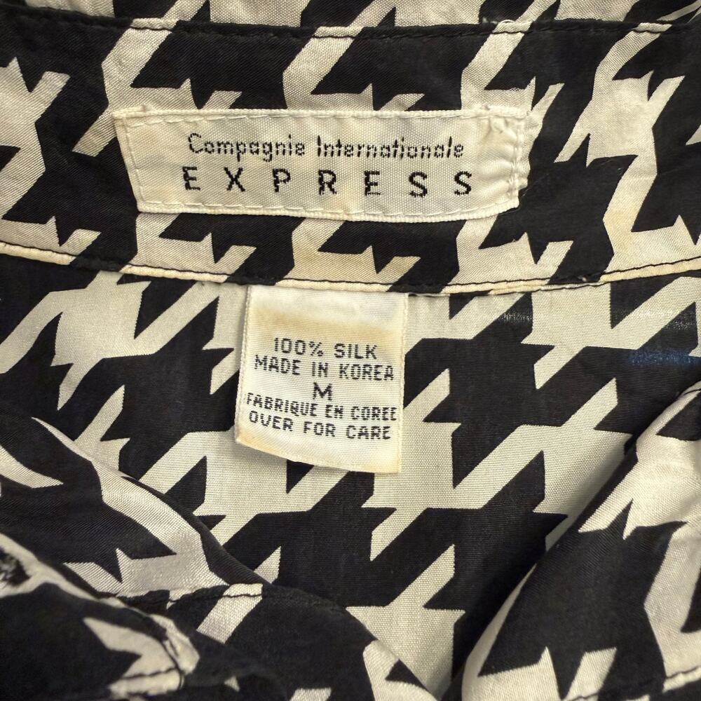 Vintage 100% Silk Express Houndstooth Print Button Down Shirt Oversized 90's M - Picture 8 of 9